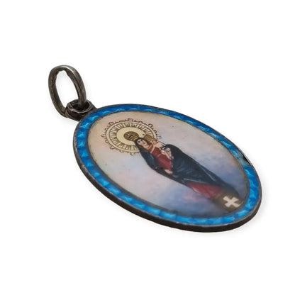 Medalla de Plata Virgen María con el Niño Esmalte Azul Colgante Religioso.