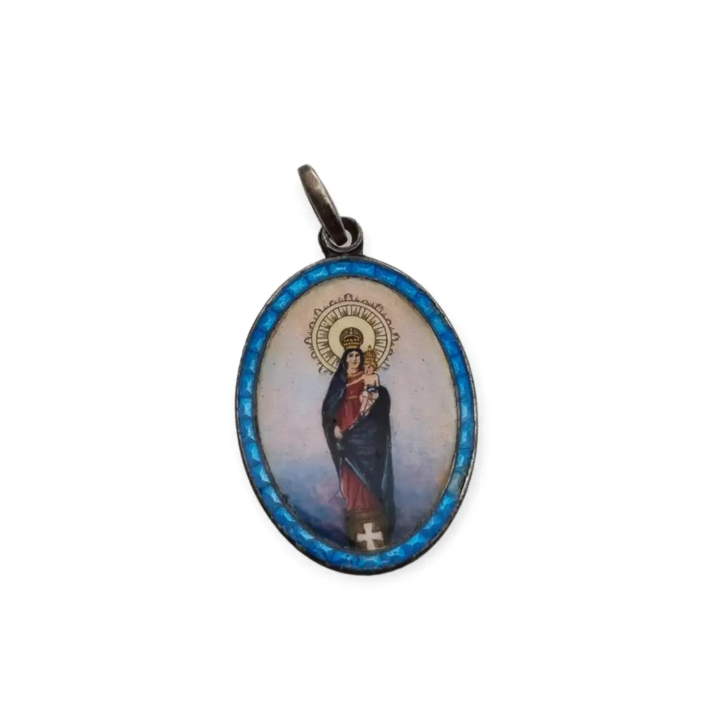 Medalla de Plata Virgen María con el Niño Esmalte Azul Colgante Religioso.