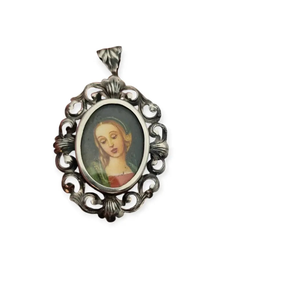 Colgante de plata 800 miniatura Virgen joya religiosa italiana siglo XX.