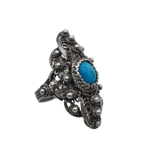 Anillo lanzadera de filigrana plata y bola azul estilo victoriano mujer.