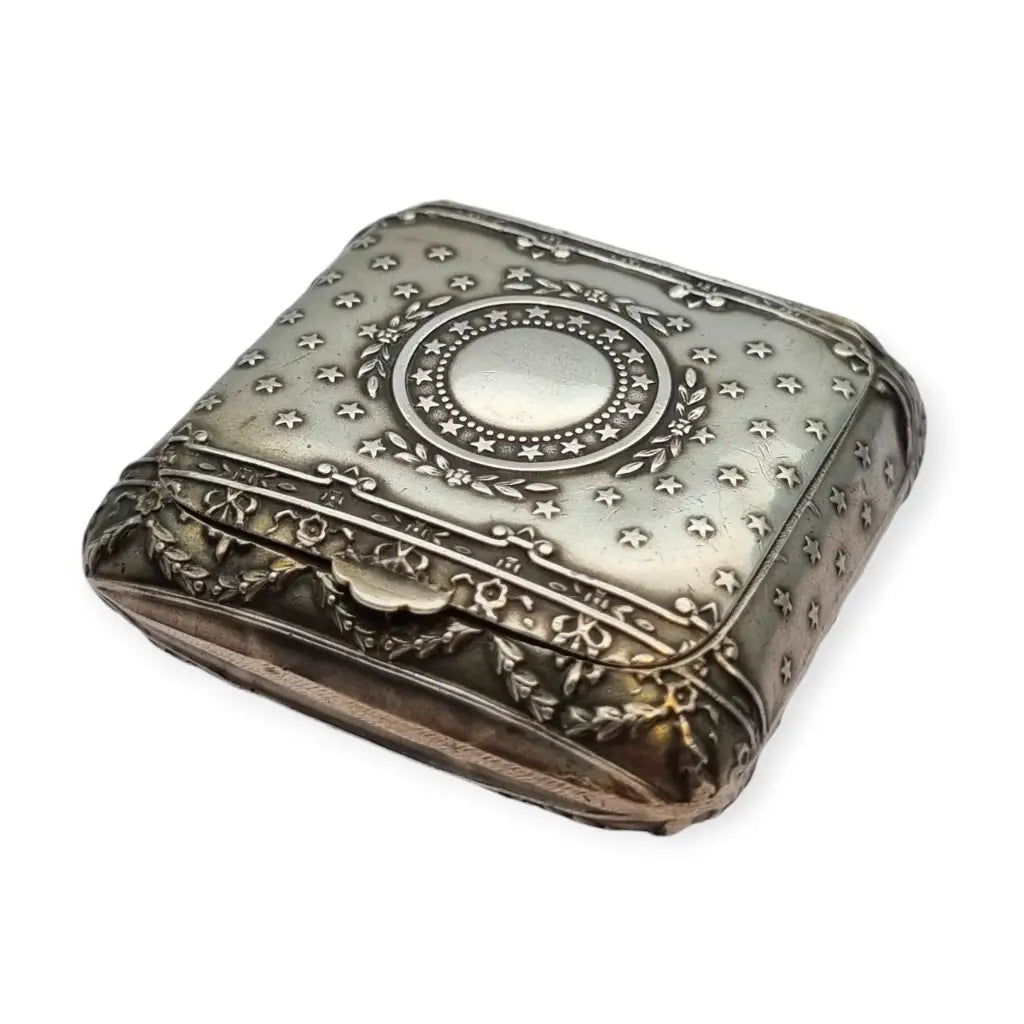 Caja Art Nouveau antigua de plata colección tema floral con espejo 1900.