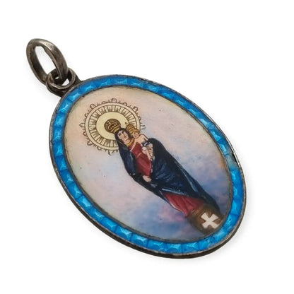 Medalla de Plata Virgen María con el Niño Esmalte Azul Colgante Religioso.