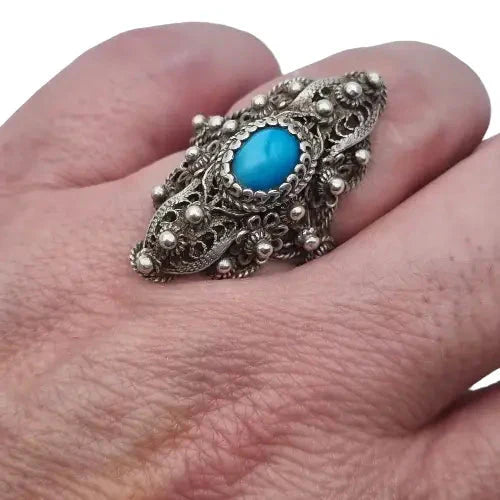 Anillo lanzadera de filigrana plata y bola azul estilo victoriano mujer.