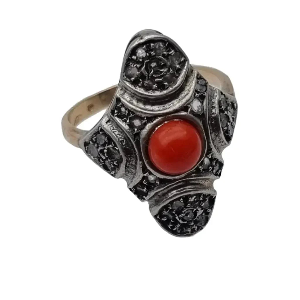 Anillo lanzadera de coral rojo y diamantes en oro 9k plata joyería art deco