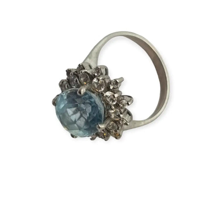 Anillo de cóctel vintage para mujer plata con piedra azul agua y blanca