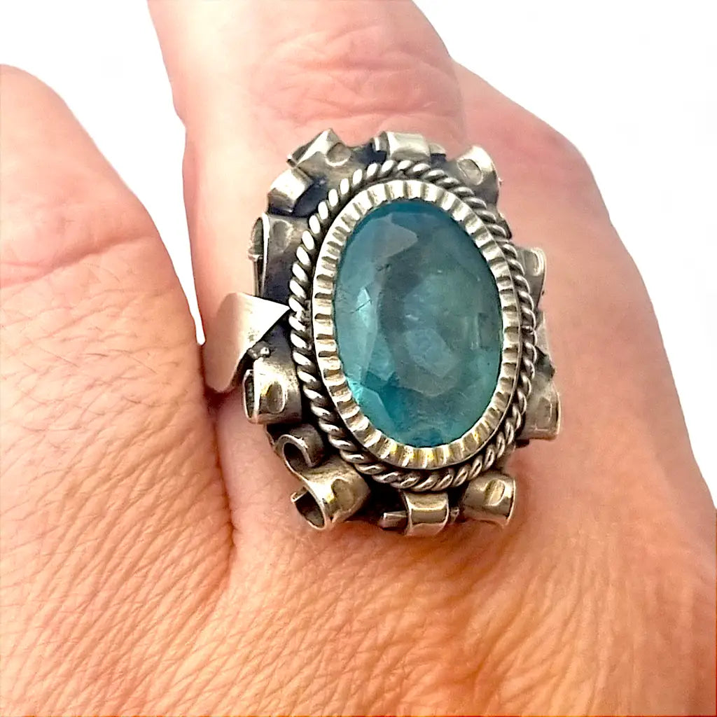 Antiguo Anillo de sello Art Déco en plata y piedra azul 1940 regalos mujer.