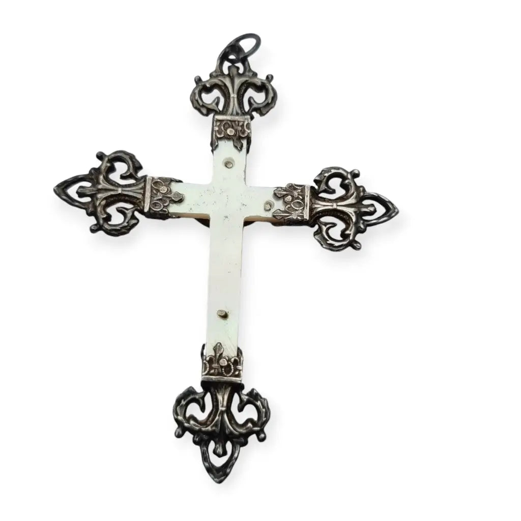 Cruz Art Decó de Plata y Nácar 1910 Regalo Religioso para Coleccionistas.