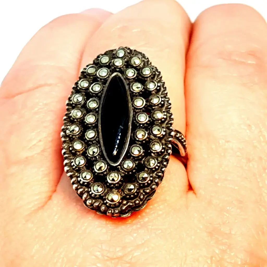 Anillo victoriano anillo mujer vintage Onyx plata 925 onix y marcasitas anillos