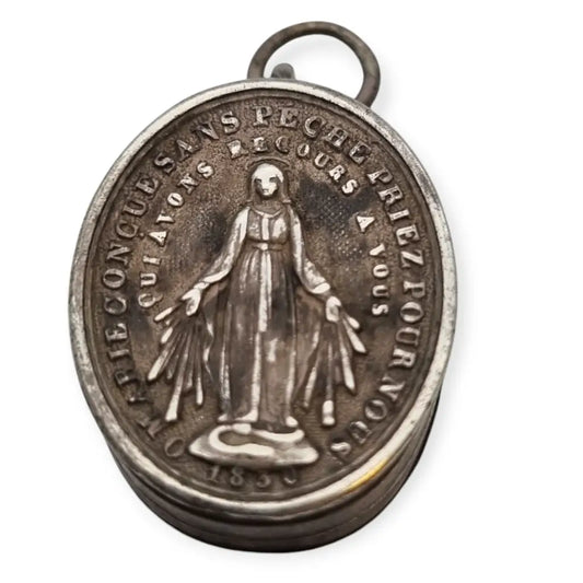 Relicario antiguo de plata Medalla Milagrosa reliquia St Jean circa 1890.