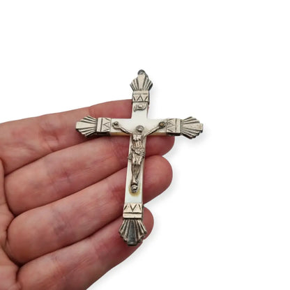 Cruz Art Decó Antiguo de Plata y Nácar 1920 Regalo Religioso