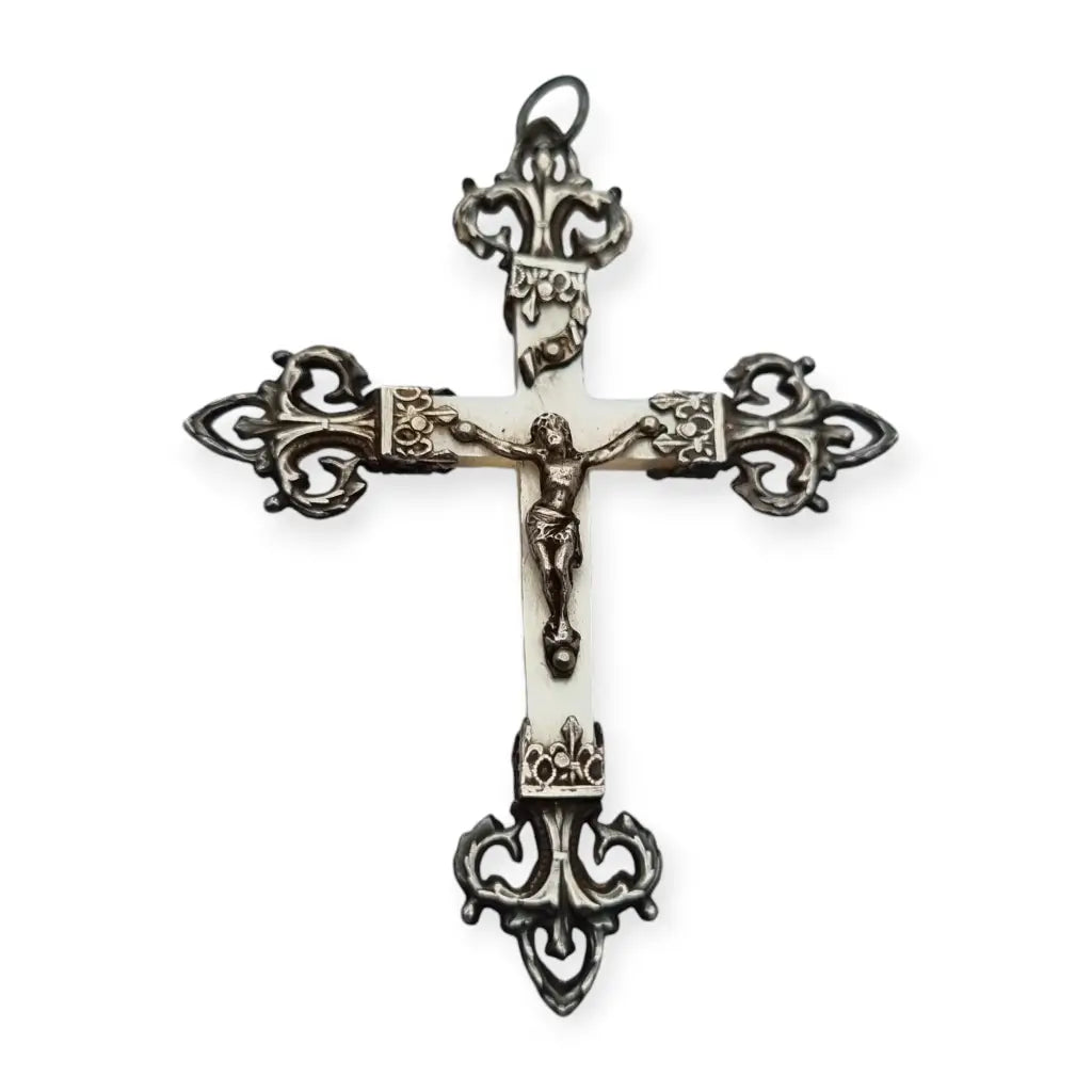 Cruz Art Decó de Plata y Nácar 1910 Regalo Religioso para Coleccionistas.