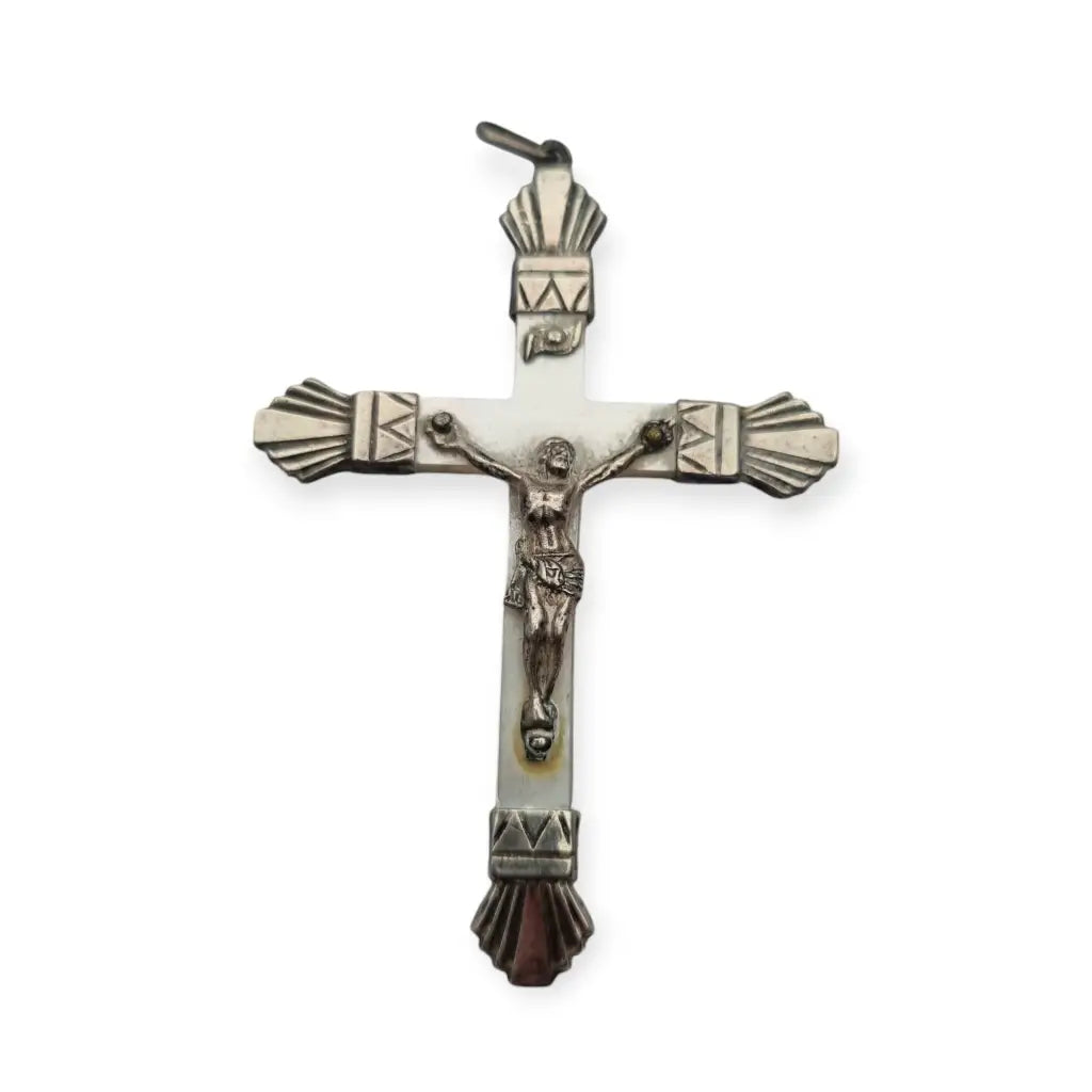 Cruz Art Decó Antiguo de Plata y Nácar 1920 Regalo Religioso