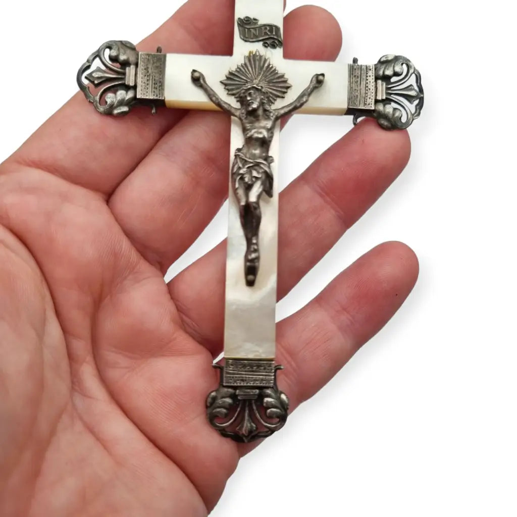 Cruz Antigua de Plata y Nácar pieza católica regalo vintage Joyas Religiosas.