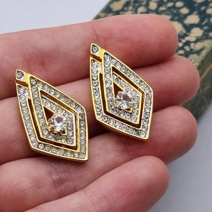 NOS Vintage Auténticos Años 80 Pendientes de Clip Joyería Moda Tendencia Declaración Rombo Oro Cultura Vintage.