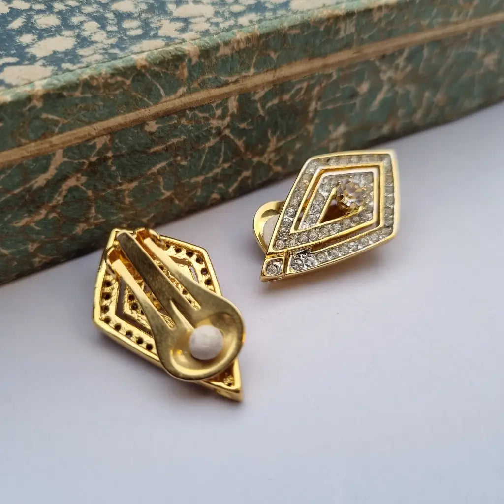 NOS Vintage Auténticos Años 80 Pendientes de Clip Joyería Moda Tendencia Declaración Rombo Oro Cultura Vintage.