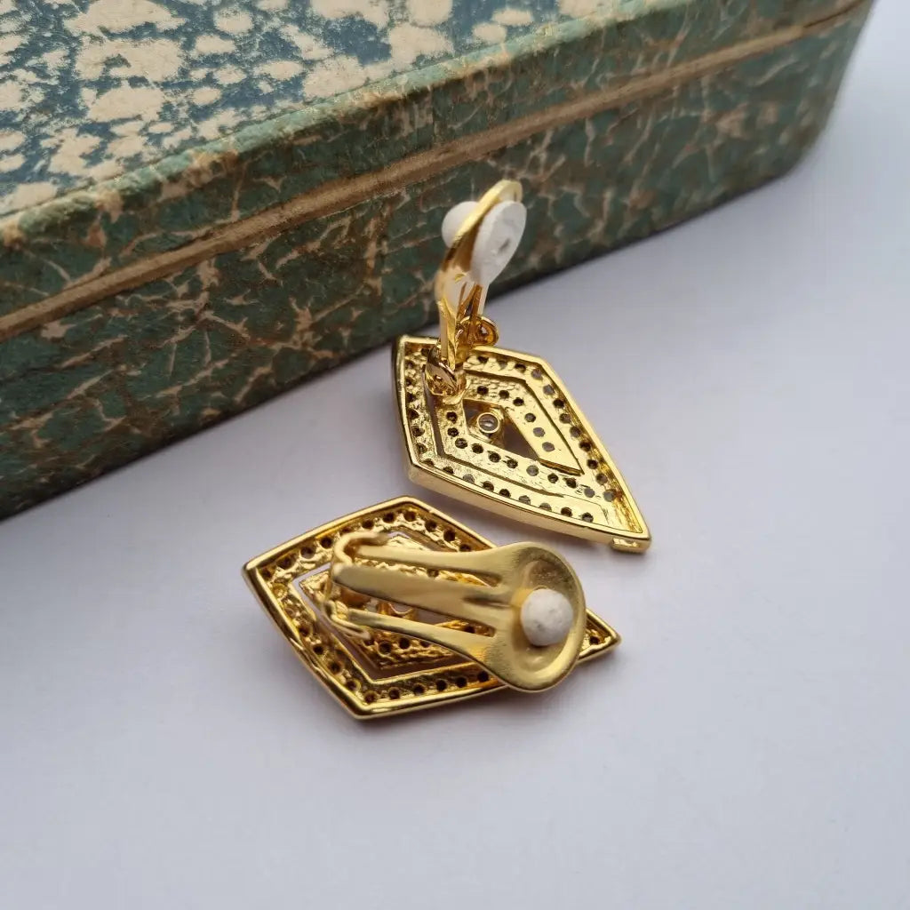 NOS Vintage Auténticos Años 80 Pendientes de Clip Joyería Moda Tendencia Declaración Rombo Oro Cultura Vintage.