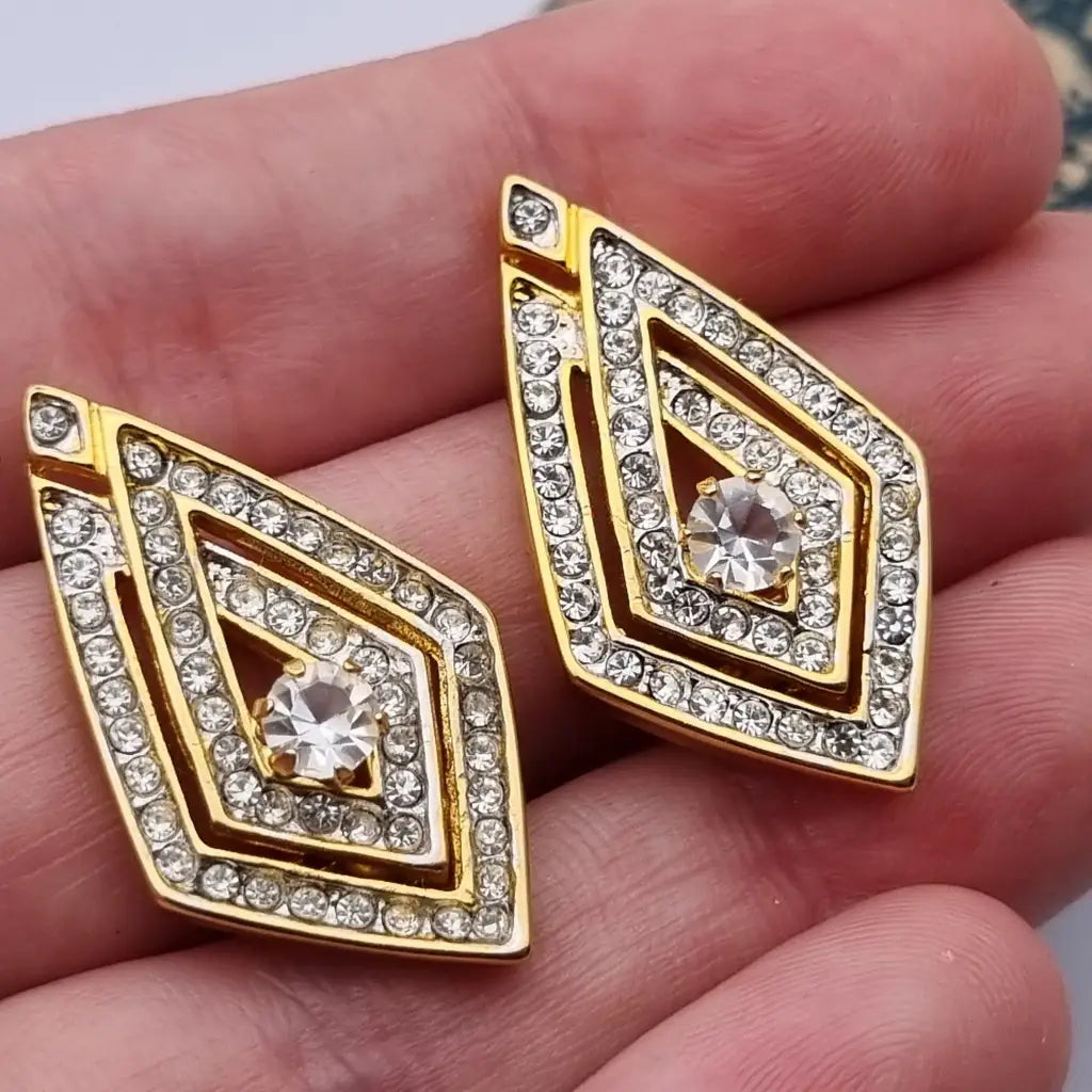 NOS Vintage Auténticos Años 80 Pendientes de Clip Joyería Moda Tendencia Declaración Rombo Oro Cultura Vintage.