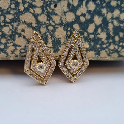 NOS Vintage Auténticos Años 80 Pendientes de Clip Joyería Moda Tendencia Declaración Rombo Oro Cultura Vintage.