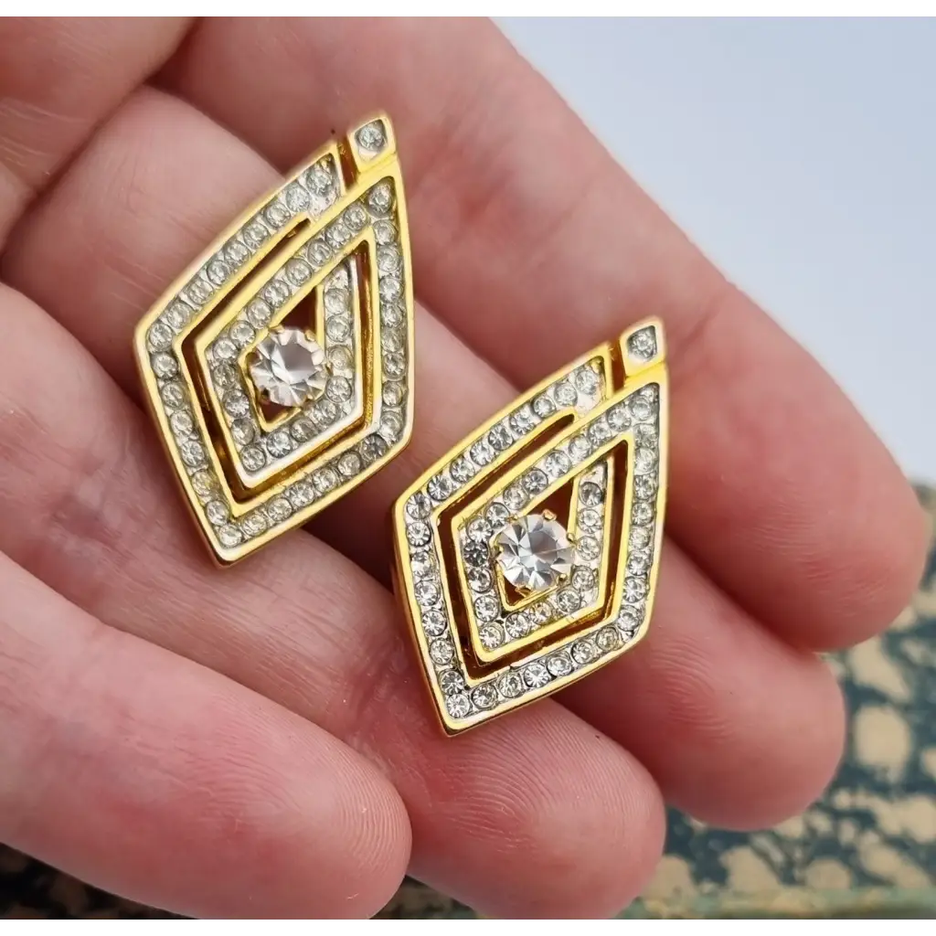 NOS Vintage Auténticos Años 80 Pendientes de Clip Joyería Moda Tendencia Declaración Rombo Oro Cultura Vintage.