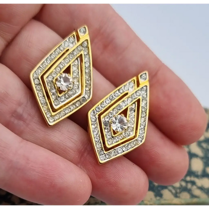 NOS Vintage Auténticos Años 80 Pendientes de Clip Joyería Moda Tendencia Declaración Rombo Oro Cultura Vintage.