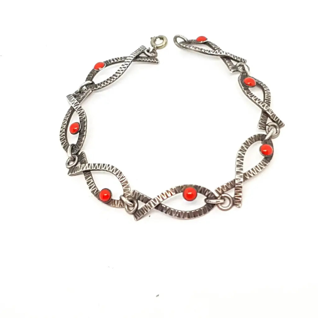 Pulsera vintage de plata Art Deco para mujer con pez esmaltado rojo