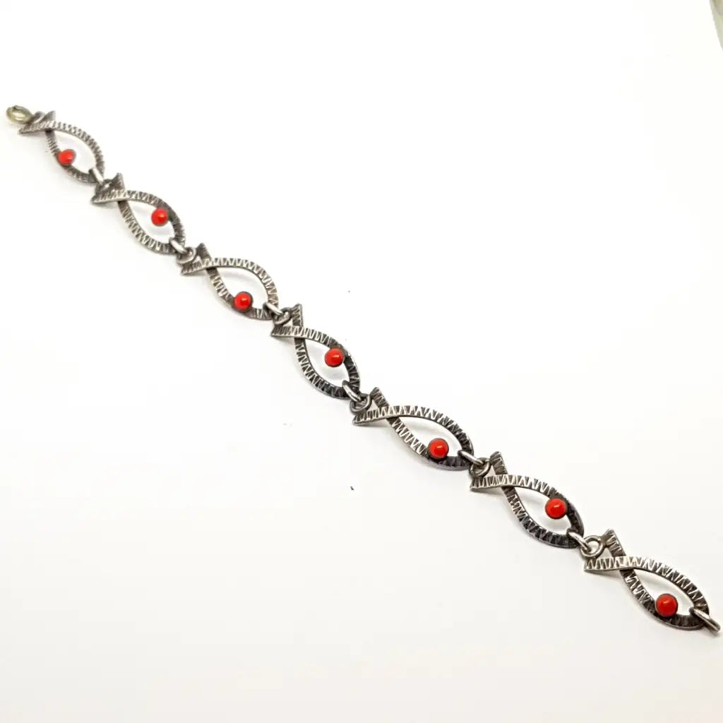 Pulsera vintage de plata Art Deco para mujer con pez esmaltado rojo