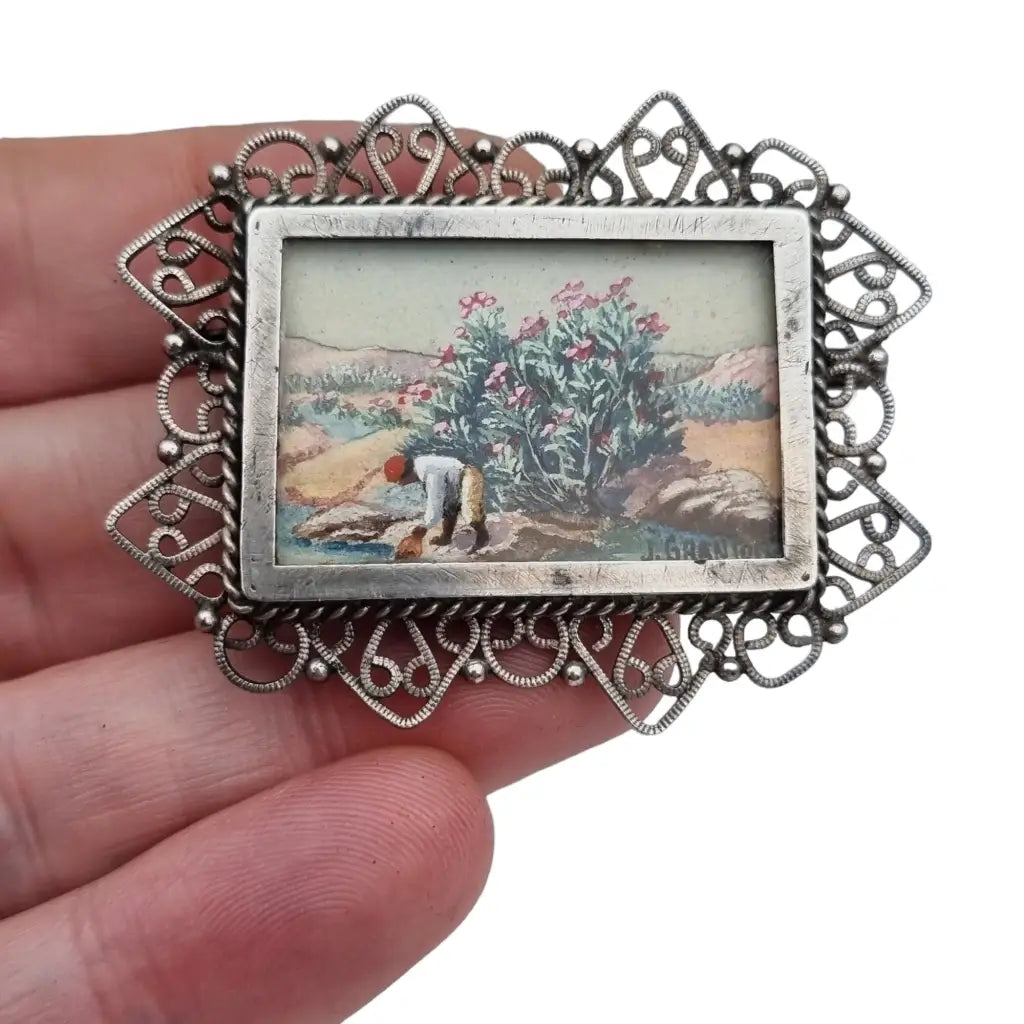 Broche francés en plata con miniatura de pintura firmada por J. Granion